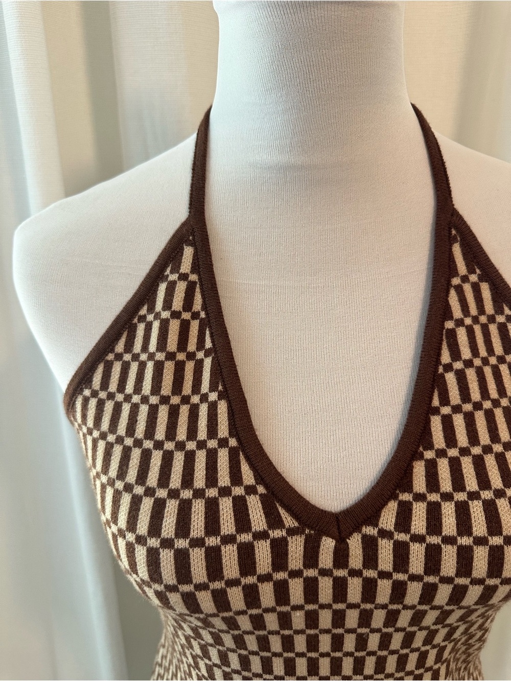 Cotton Candy Brown & Cream Checker Halter Mini Dress - Picture 2 of 9